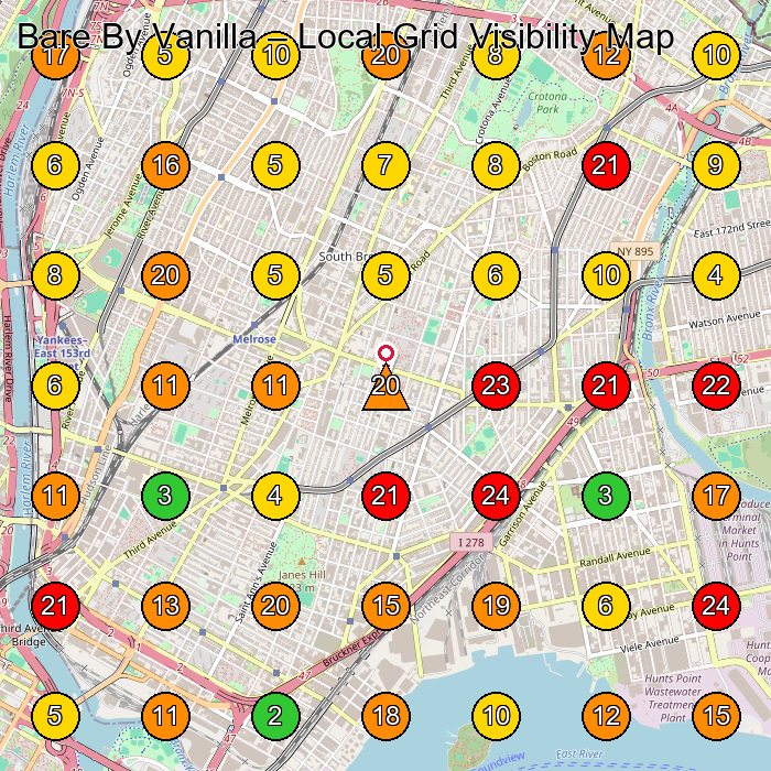 Bare By Vanilla Waxing Hair Removal Service GeoGrid ranking map for Bronx NY
